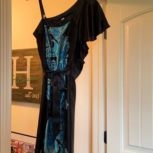 Black dress with aqua paisley accents